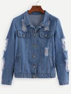 Romwe Buttoned Front Ripped Blue Denim Outerwear