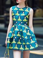 Romwe Green Round Neck Sleeveless Character Print Dress