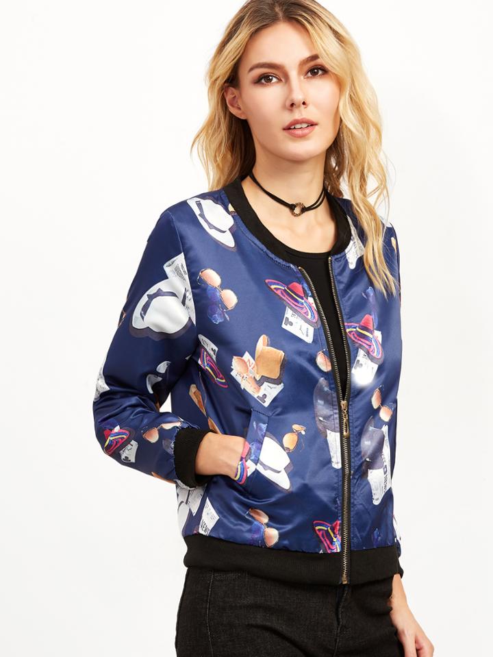 Romwe Blue Printed Contrast Trim Zip Up Jacket