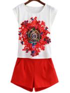 Romwe Flower Print Top With Zipper Red Shorts