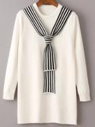 Romwe White Round Neck Sweater Dress With Striped Tie