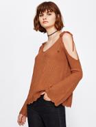 Romwe Open Shoulder Tie Detail Wave Trim Sweater