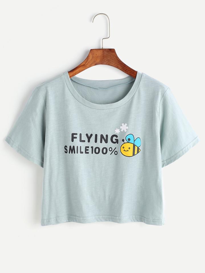 Romwe Blue Letter Print Crop T-shirt