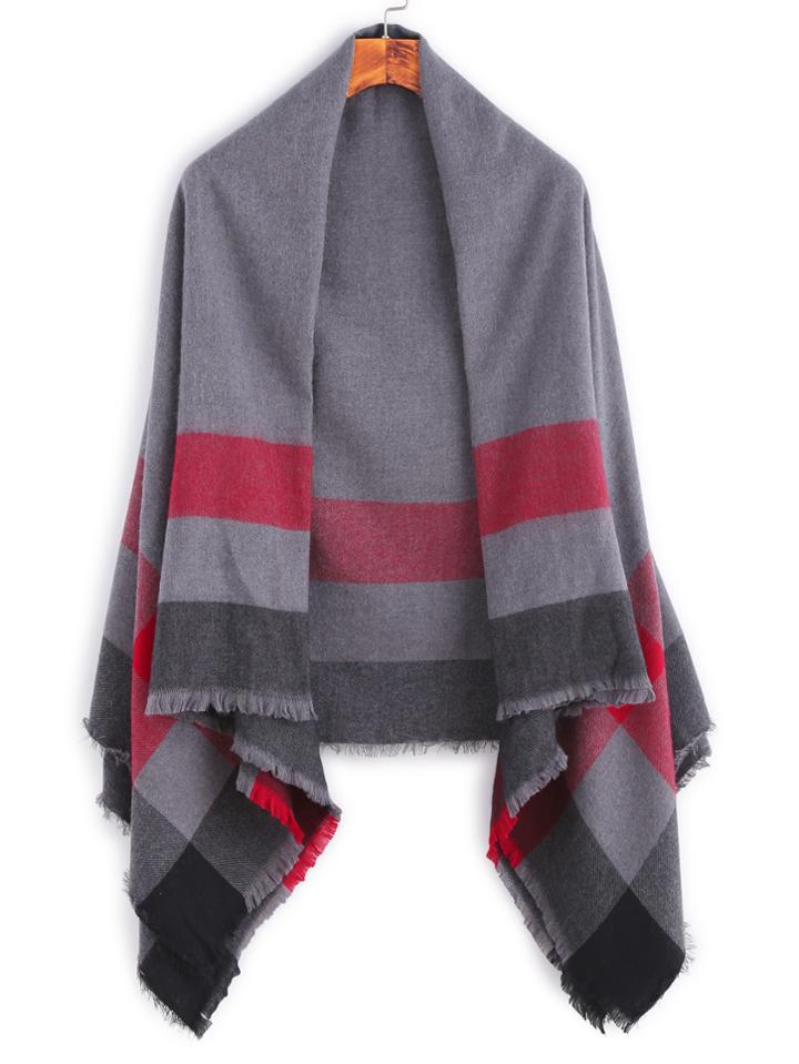 Romwe Contrast Plaid Fringe Edge Square Shawl Scarf