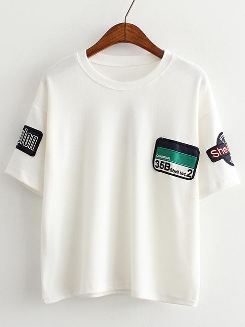 Romwe White Short Sleeve Patch Casual T-shirt