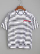 Romwe Black White Striped Embroidered T-shirt