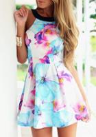 Romwe Blue Strap Floral Slim Flare Dress