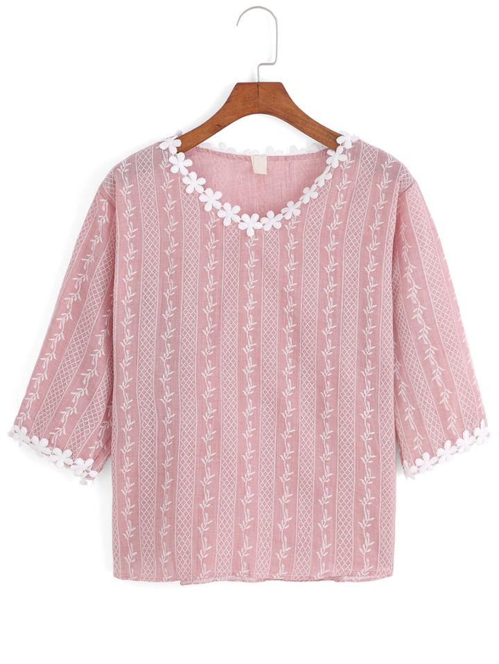 Romwe Short Sleeve Leaves Embroidered Top
