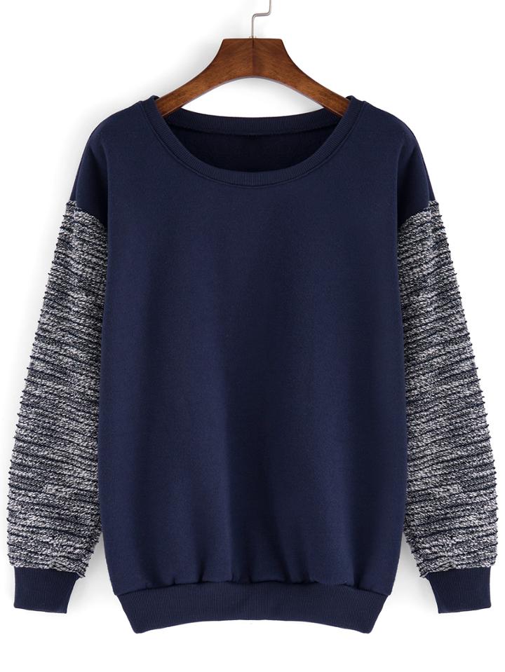 Romwe Round Neck Contrast Sleeve Loose Sweatshirt