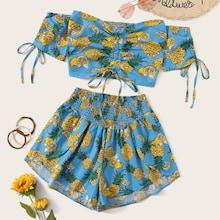 Romwe Pineapple Print Drawstring Crop Top & Shorts