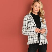 Romwe Contrast Trim Frayed Edge Tweed Coat