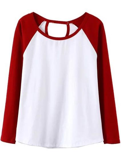 Romwe Contrast Sleeve Hollow Wine Red T-shirt