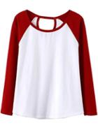 Romwe Contrast Sleeve Hollow Wine Red T-shirt
