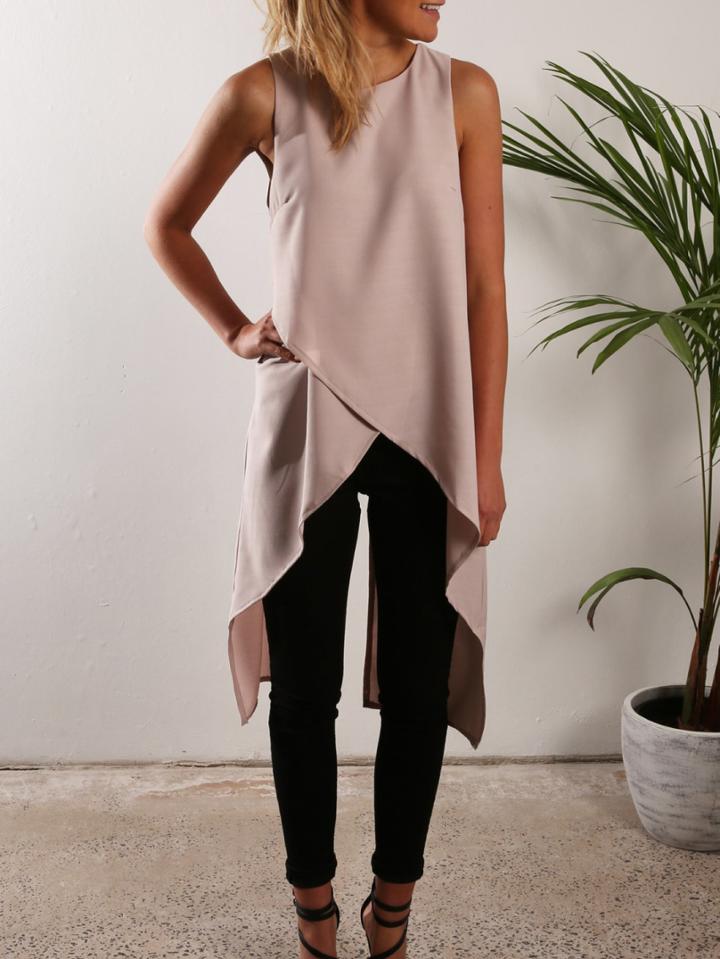 Romwe Cross Wrap Asymmetric Chiffon Tank Top - Apricot