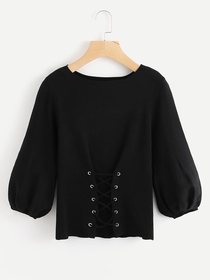 Romwe Lantern Sleeve Eyelet Lace Up Knit Sweater