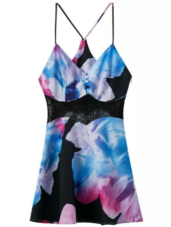 Romwe Spaghetti Strap Contrast Lace Florals A-line Dress