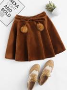 Romwe Elastic Waist Faux Fur Ball Belted Skirt