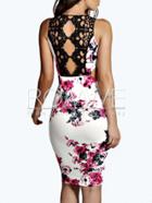 Romwe White Deep V Neck Floral Print With Lace Dress