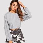Romwe Drawstring Hem Heathered Grey Crop Pullover