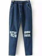 Romwe Elastic Waist Letter Print Denim Blue Pant