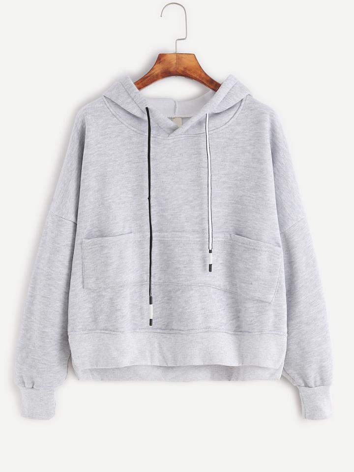 Romwe Heather Grey Drop Shoulder High Low Drawstring Hooded Sweatshirt
