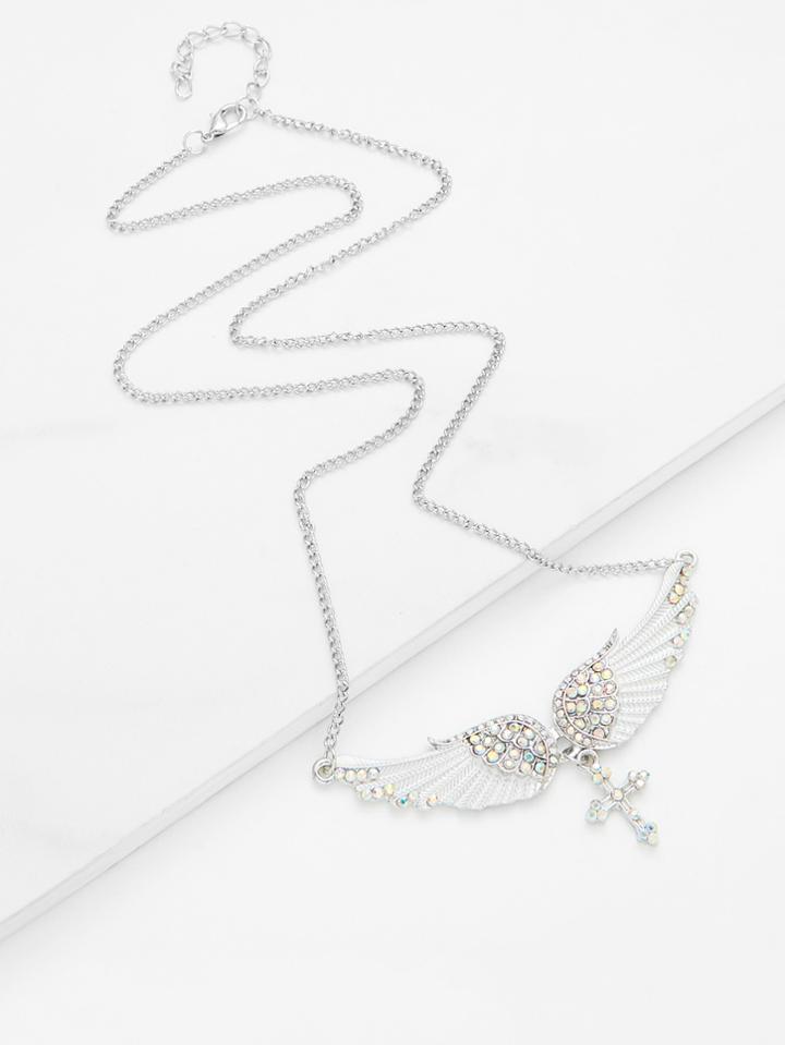 Romwe Rhinestone Cross & Wing Pendant Layered Necklace