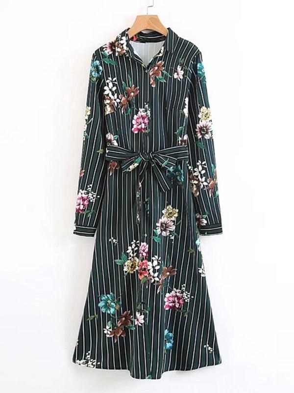 Romwe Floral Self Tie Striped Shirt Dress