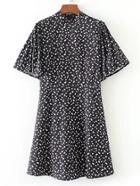 Romwe Band Collar Bell Sleeve Polka Dot Dress