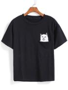 Romwe Cat Patch With Pocket T-shirt