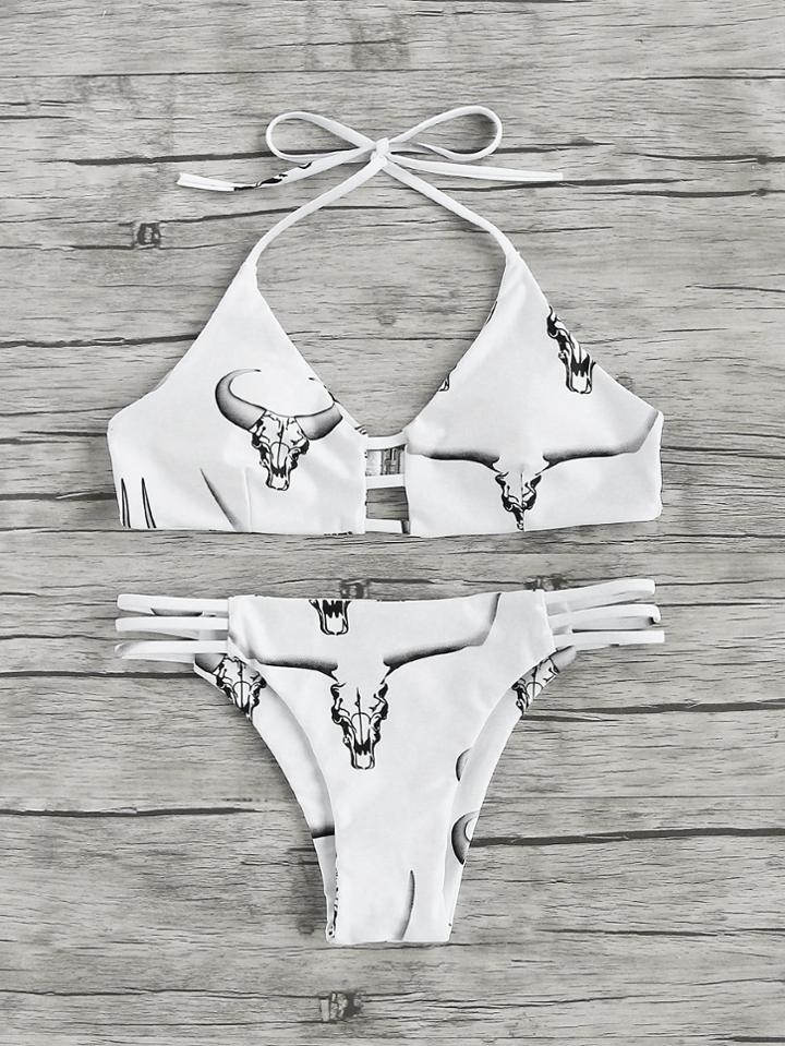Romwe Bull Print Ladder Cut Out Bikini Set