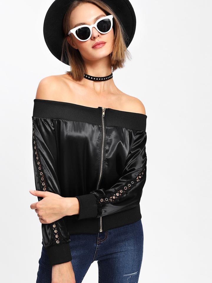 Romwe Off Shoulder Ring Detail Jacket