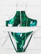 Romwe Leaf Print Cross Back Side Tie Bikini Set