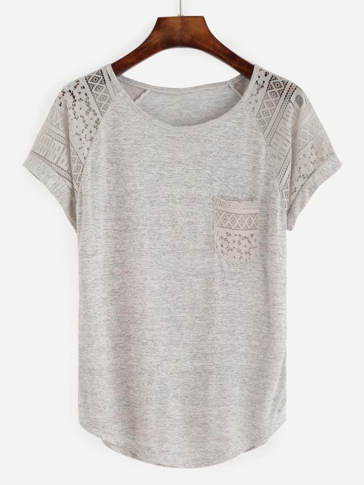 Romwe Grey Raglan Sleeve Lace Insert T-shirt