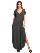 Romwe Dark Grey Rolled-cuff Pockets Split Maxi Dress