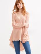 Romwe Pink Cold Shoulder Waffle Knit High Low Sweater