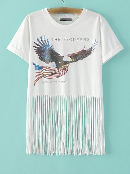 Romwe White Eagle Letters Printed Fringe Hem T-shirt