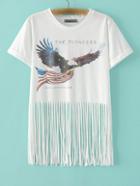 Romwe White Eagle Letters Printed Fringe Hem T-shirt