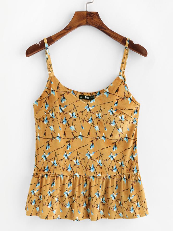 Romwe Botanical Velvet Peplum Cami Top