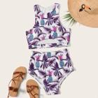 Romwe Tropical Print Cutout Top With High Waist Bikini Set