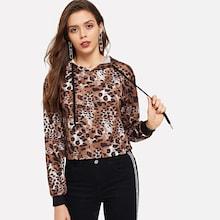 Romwe Leopard Print Drawstring Detail Hoodie