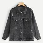 Romwe Chain Detail Letter Print Back Denim Jacket