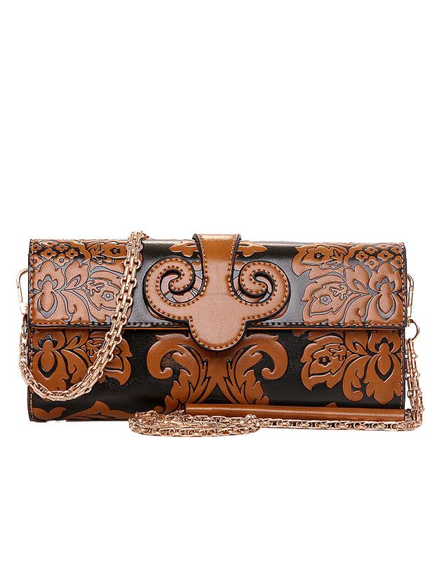 Romwe Flower Embossed Clutch With Chain - Brown