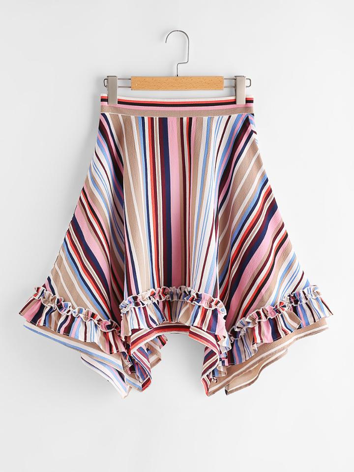 Romwe Frill Detail Striped Handkerchief Skirt