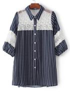 Romwe Navy Lapel Crochet Elastic Cuff Buttons Front Dress