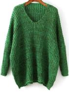 Romwe V Neck Dolman Green Sweater