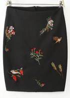 Romwe Embroidered Floral Pattern Black Skirt