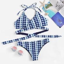 Romwe Graphic Print Wrap Top With Low Rise Bikini