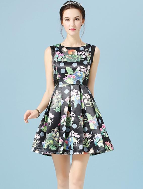 Romwe Flower Print Polka Dot A-line Dress