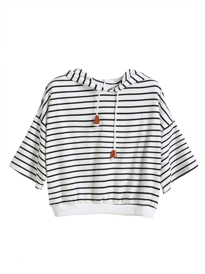 Romwe White Striped Dropped Shoulder Seam Drawstring Hooded T-shirt