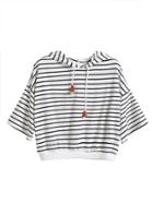 Romwe White Striped Dropped Shoulder Seam Drawstring Hooded T-shirt